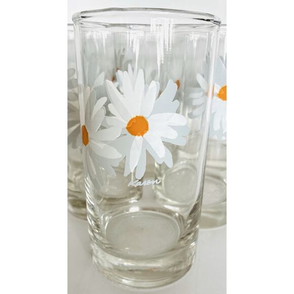 Set of 6 Vintage Daisy Glasses Tumblers White & Yellow Daisies Signed Karen 5.5" - Picture 2 of 4